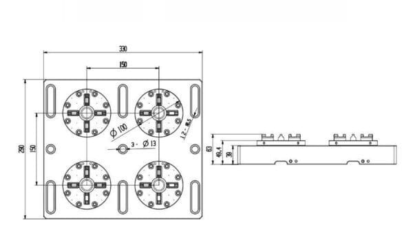 Erowa ER-035519 compatible 4 in 1 Optimized Pneumatic Chuck with CNC Base Plate
